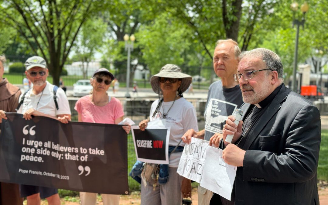 Catholic Bishop joins cease-fire prayer vigil protesting weapons for Israel